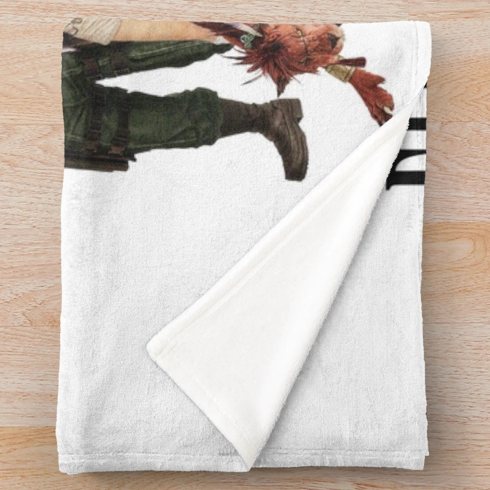 Final Fantasy VII inspired plush blanket featuring characters like Cloud Strife and Sephiroth