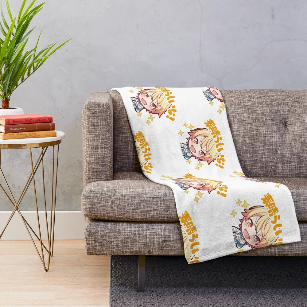 Tsukasa Tenma from Project Sekai anime on a cozy plush blanket