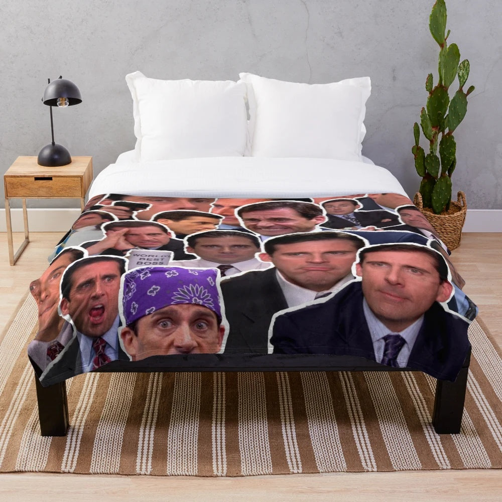 Collage of characters from the TV show The Office featured on a plush blanket