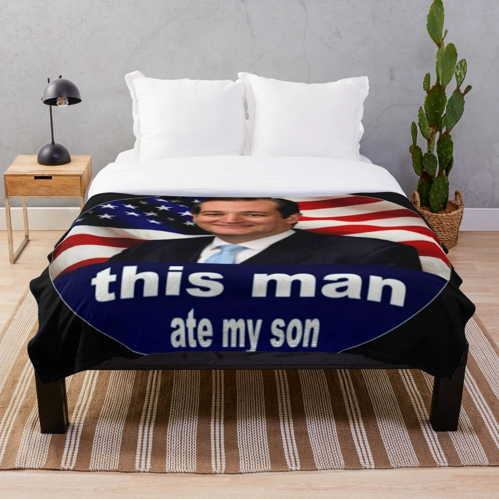 Plush blanket featuring "This Man Ate My Son" meme design