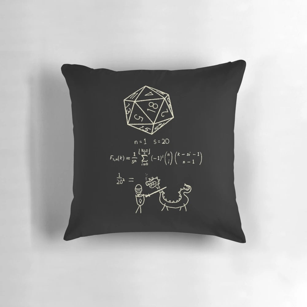 Pillow featuring a 20-sided dice, representing the science and math behind roleplaying games.