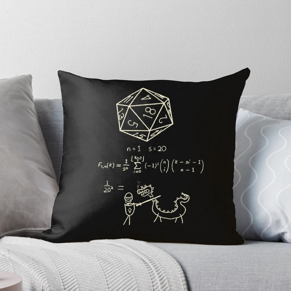 Pillow featuring a 20-sided dice, representing the science and math behind roleplaying games.