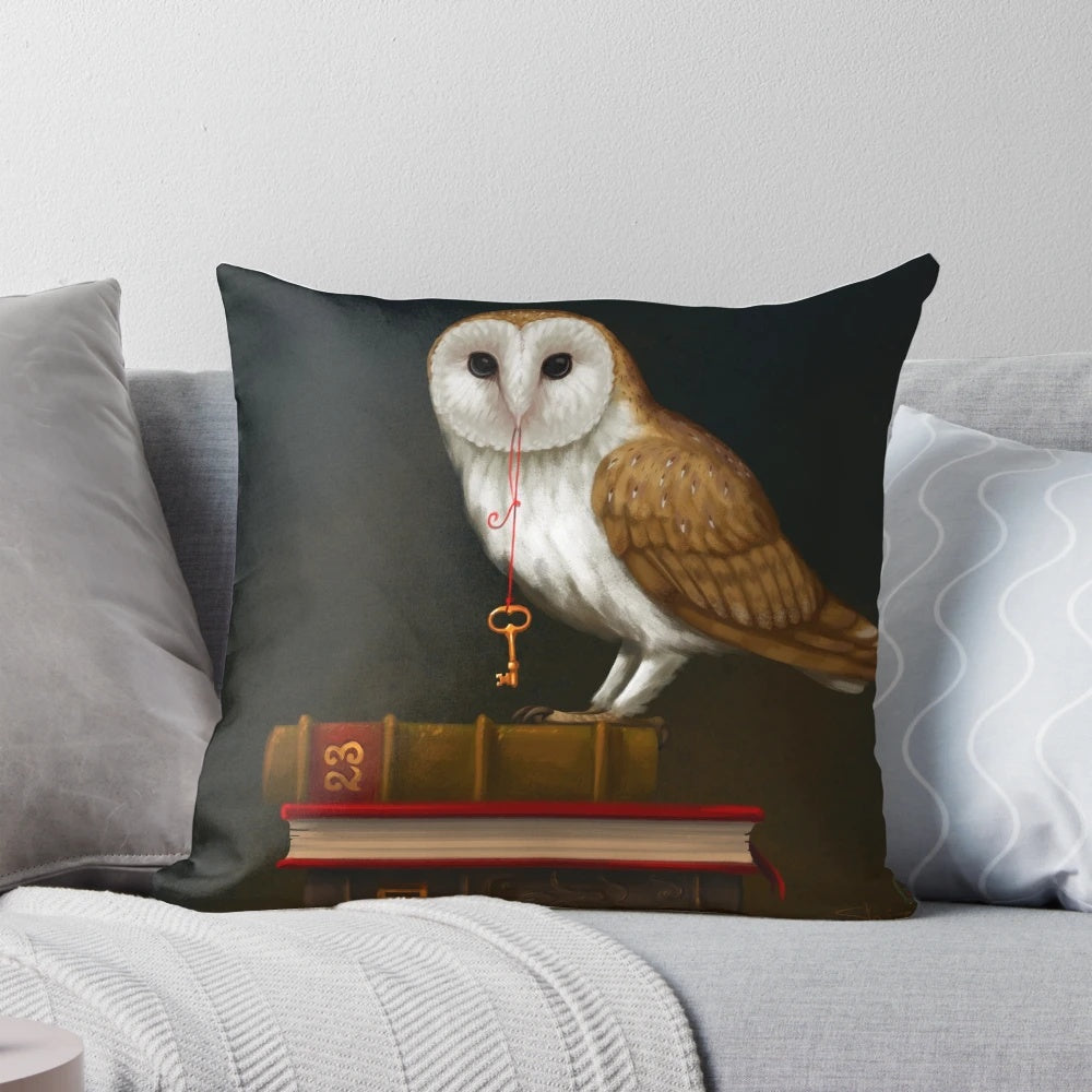Antique gold key and barn owl on a mystical pillow, symbolizing the key to knowledge and wisdom.