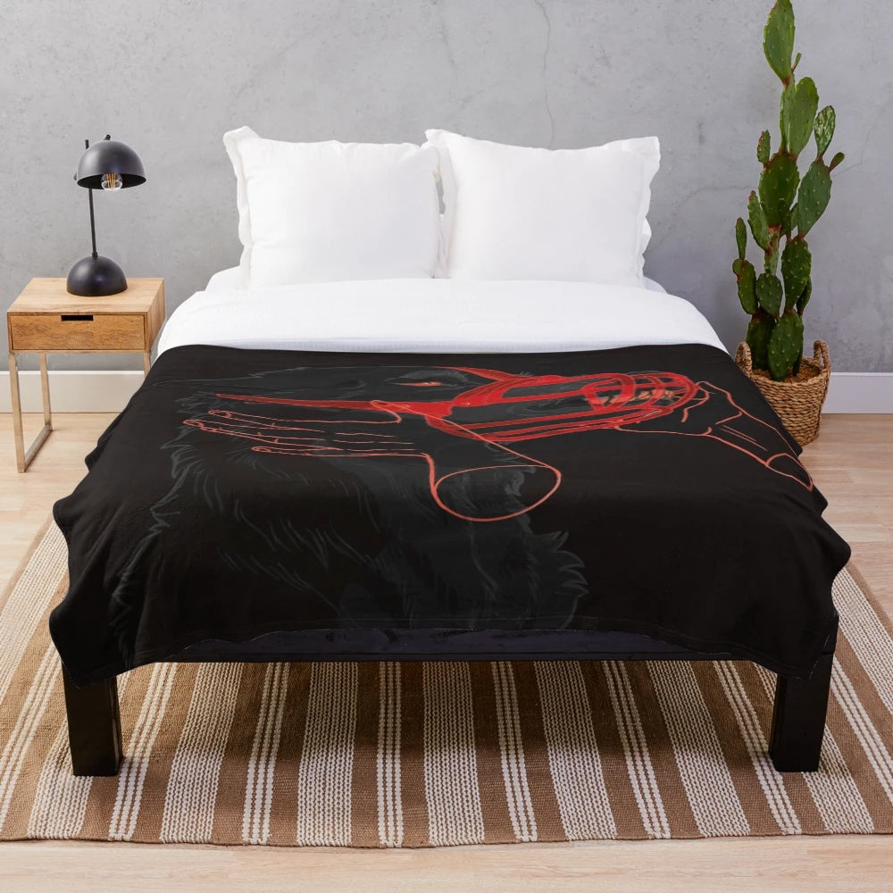 Unsettling and creepy plush blanket featuring a surreal, dark art depiction of a canine