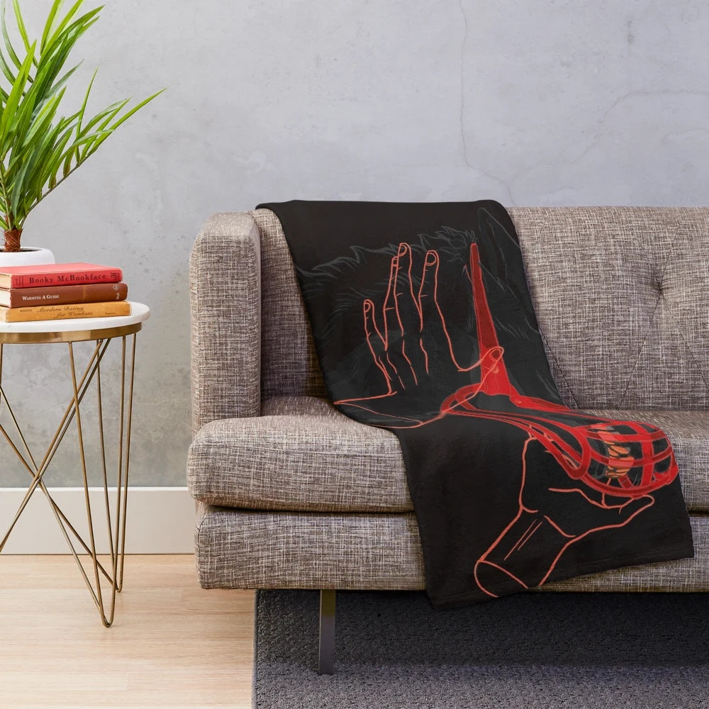Unsettling and creepy plush blanket featuring a surreal, dark art depiction of a canine