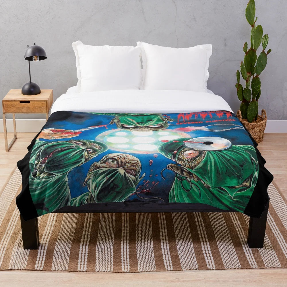 Unsettling plush blanket featuring heavy metal inspired artwork