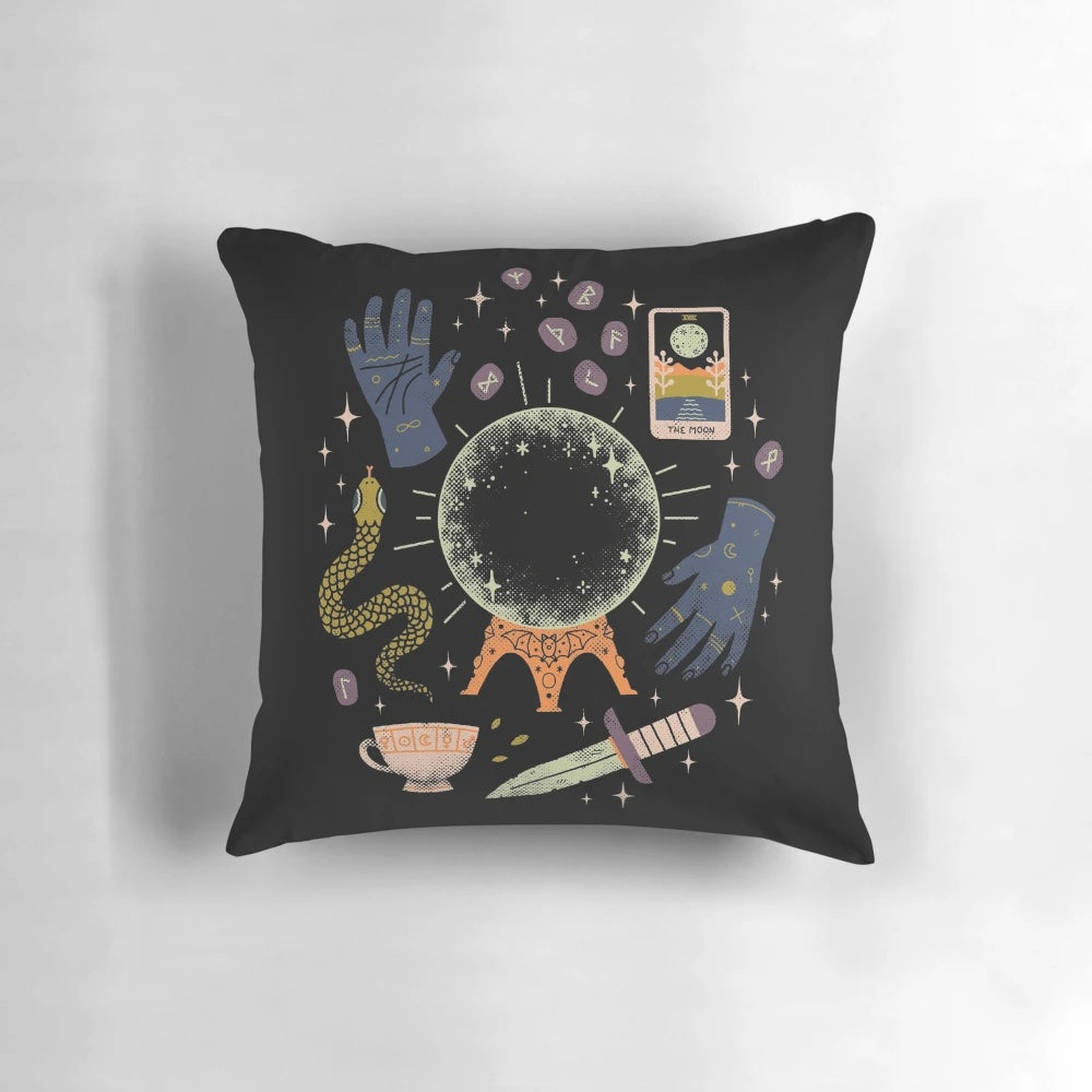 Pillow with a crystal ball, tarot cards, and mystical symbols, perfect for fortune telling and divination.