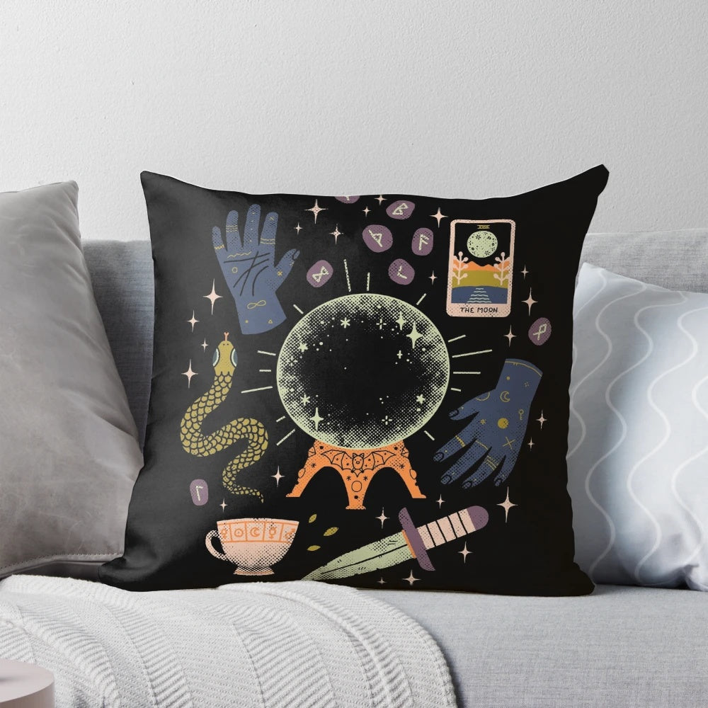 Pillow with a crystal ball, tarot cards, and mystical symbols, perfect for fortune telling and divination.