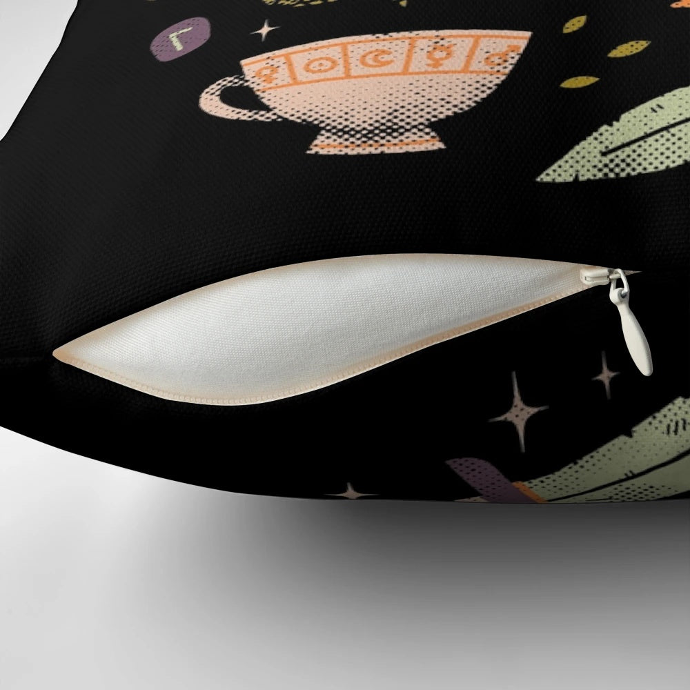 Pillow with a crystal ball, tarot cards, and mystical symbols, perfect for fortune telling and divination.