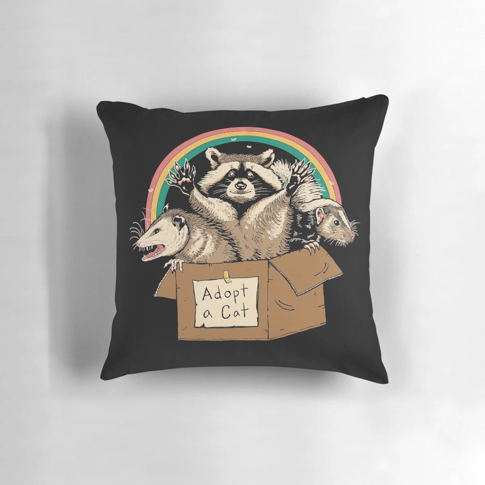 Vintage-inspired pillow featuring retro cartoon cats, raccoons, and other forbidden pets in a quirky, whimsical design.