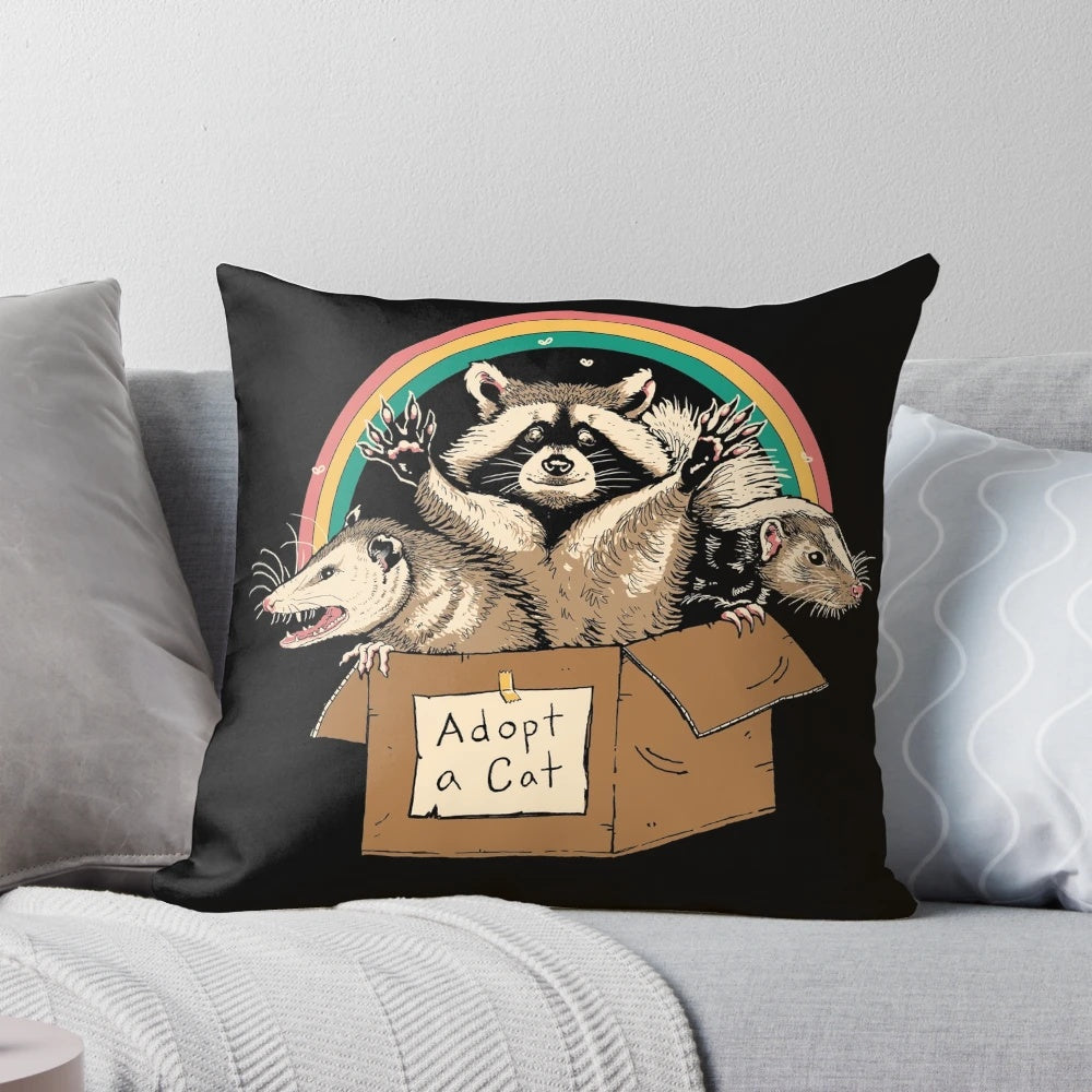 Vintage-inspired pillow featuring retro cartoon cats, raccoons, and other forbidden pets in a quirky, whimsical design.