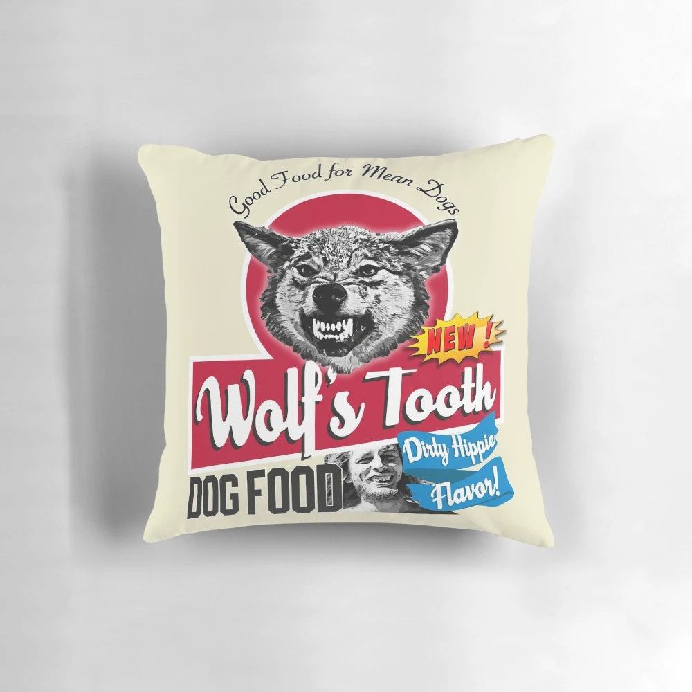 Pillow featuring a playful dog enjoying Wolf's Tooth Dog Food Dirty Hippie Flavor