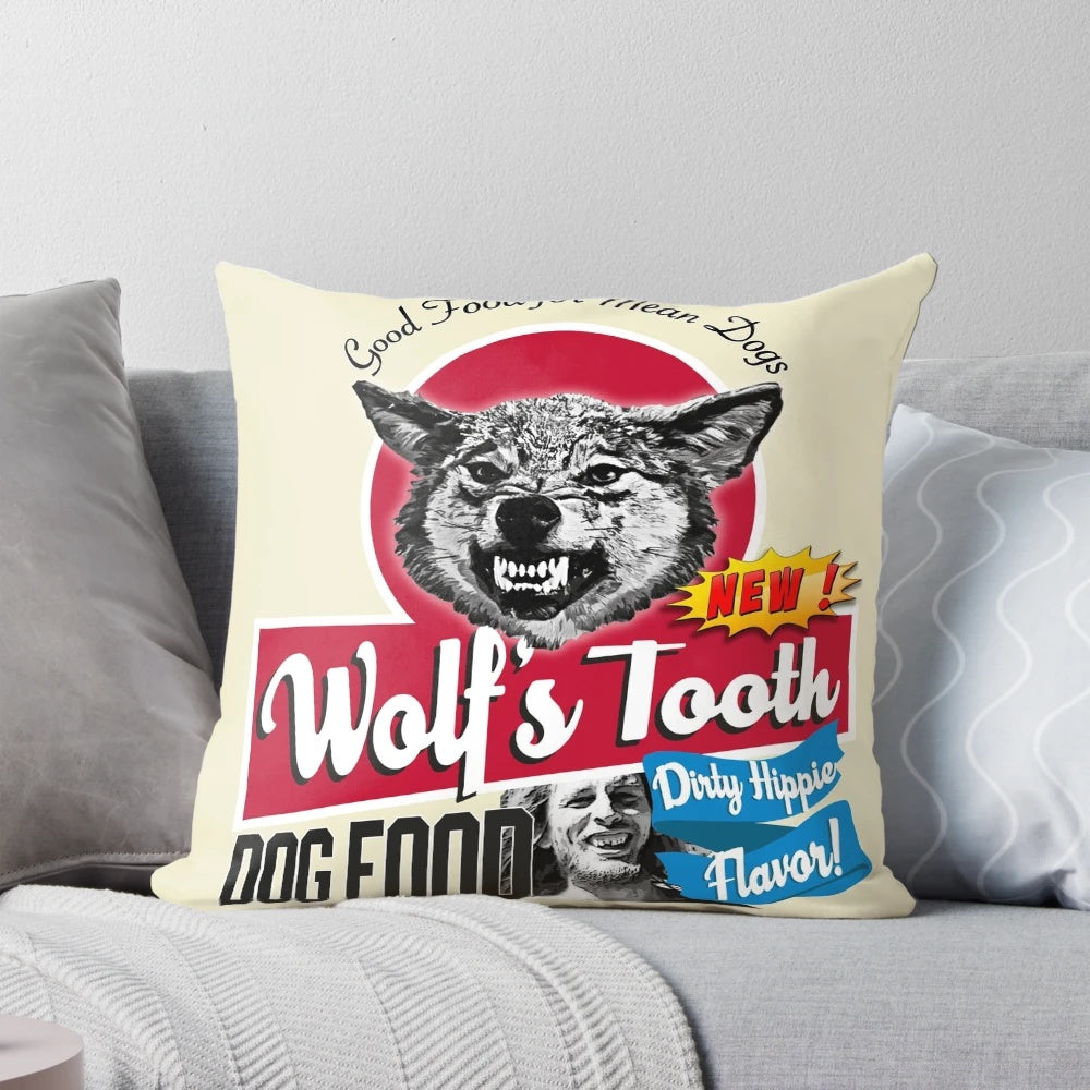 Pillow featuring a playful dog enjoying Wolf's Tooth Dog Food Dirty Hippie Flavor