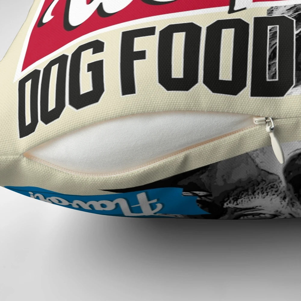 Pillow featuring a playful dog enjoying Wolf's Tooth Dog Food Dirty Hippie Flavor
