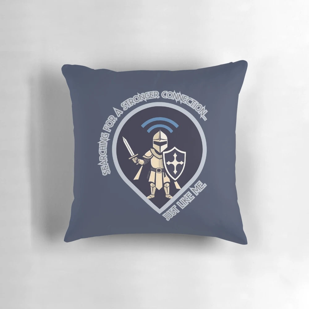 A Wi-Fi Warrior Pillow featuring a minimalist medieval-inspired design with a shield, sword, and armor symbolizing a strong wireless connection.