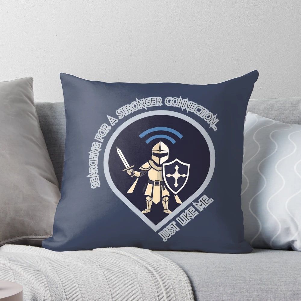 A Wi-Fi Warrior Pillow featuring a minimalist medieval-inspired design with a shield, sword, and armor symbolizing a strong wireless connection.