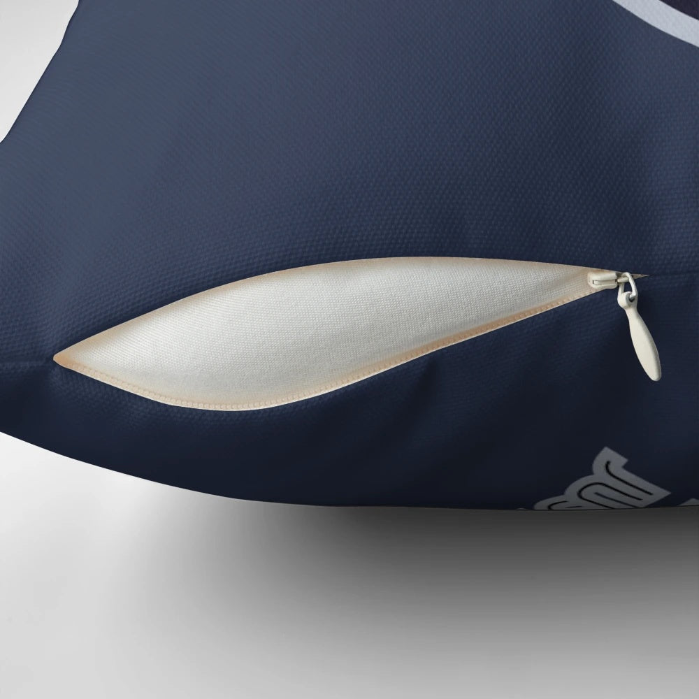 A Wi-Fi Warrior Pillow featuring a minimalist medieval-inspired design with a shield, sword, and armor symbolizing a strong wireless connection.
