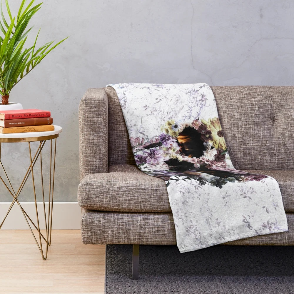 Upland dark skull plush blanket with gothic floral skull art design