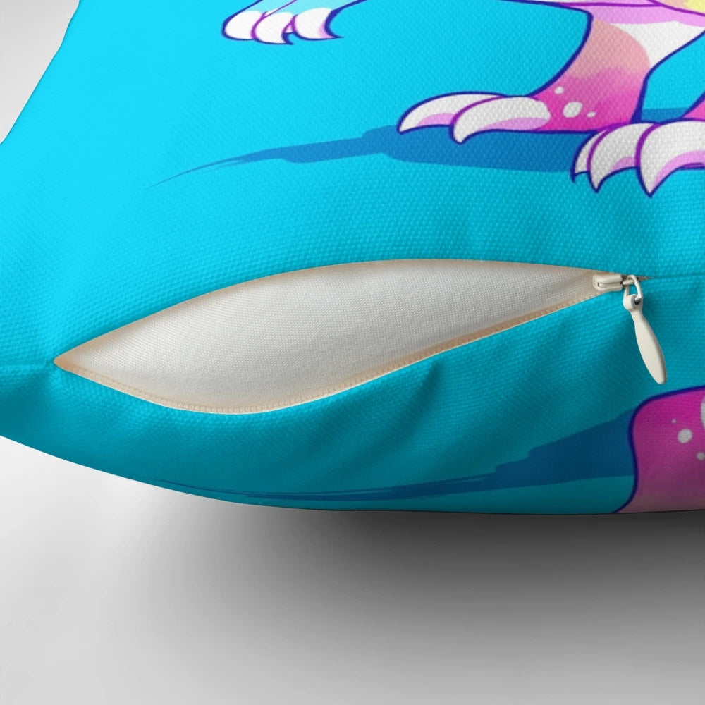 A vibrant, pastel-colored pillow featuring an illustrated t-rex dinosaur with an empowering message of self-acceptance and mental health.