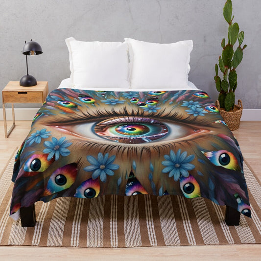 Surreal eye flower plush blanket with vibrant, artistic design