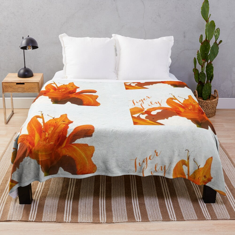 Closeup of a vibrant orange tiger lily flower on a plush blanket