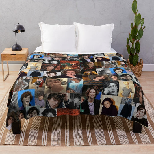 Timothee Chalamet inspired plush blanket with collage design