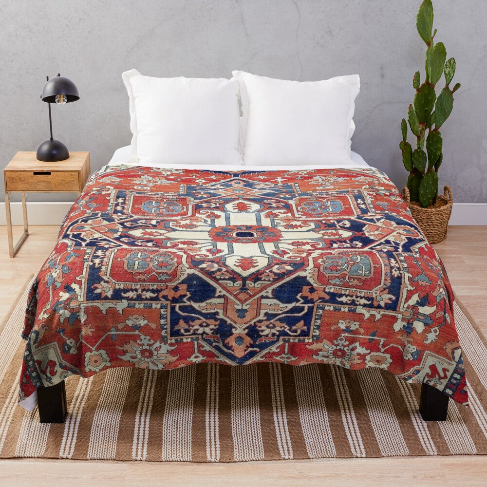 Plush blanket with Heriz Azerbaijan Northwest Persian rug inspired floral and geometric pattern