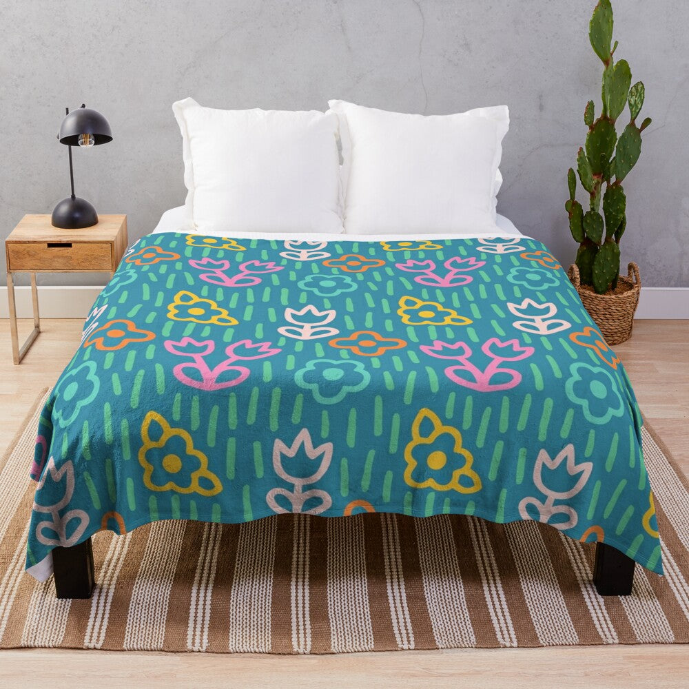 Colorful floral plush blanket with hand-drawn botanical design