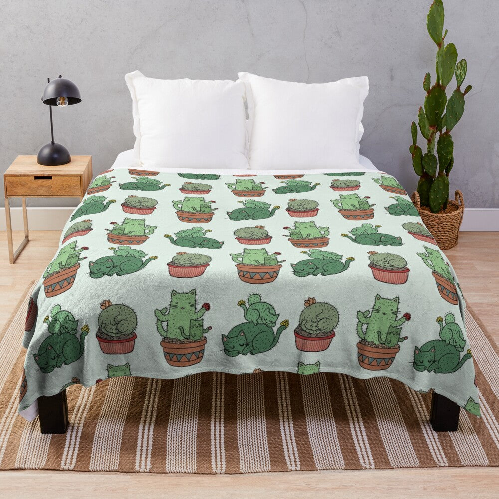 Cactus cats print plush blanket with cute feline illustration