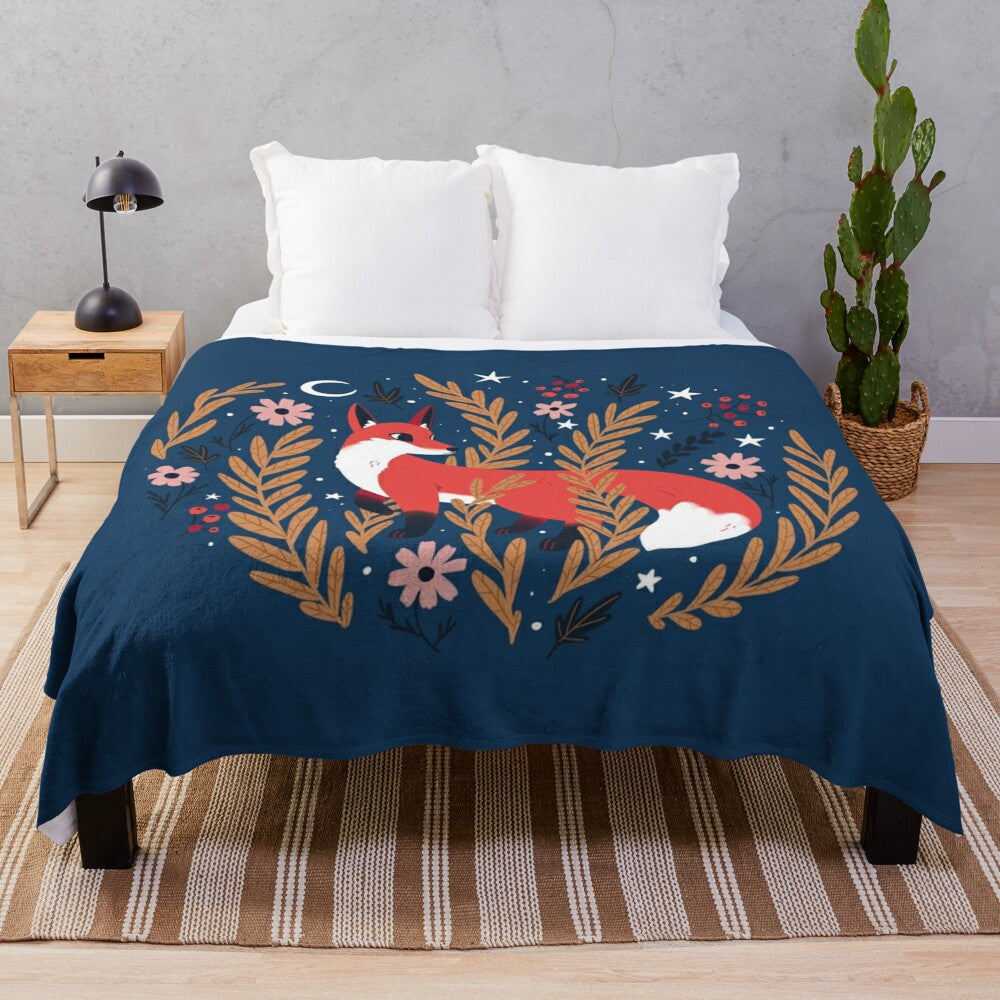 Cozy floral plush blanket with woodland animal design and night sky pattern