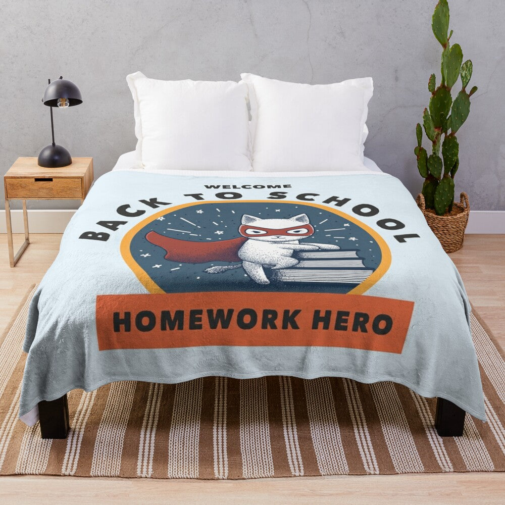 Funny cartoon cat in superhero cape on plush blanket, back to school design