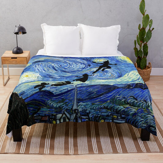 Peter Pan Starry Night Plush Blanket with Fantasy Silhouette and Dreamlike Starscape