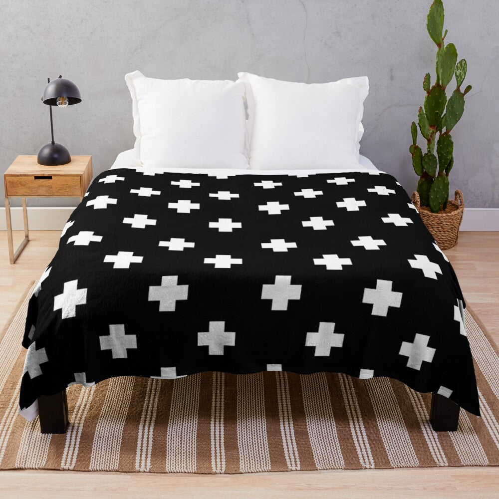 Swiss Cross Patterned Plush Blanket in Black and White