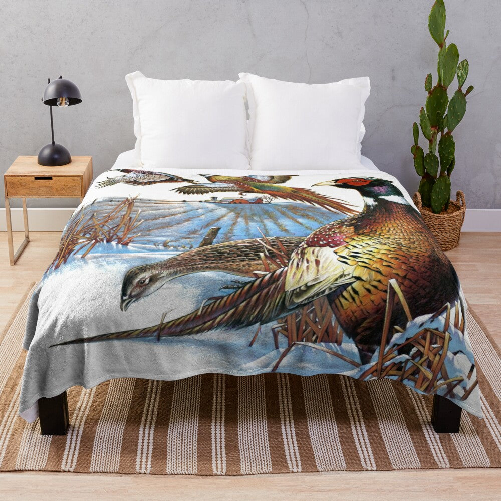 Pheasant farm plush blanket with realistic wildlife and feather collage design