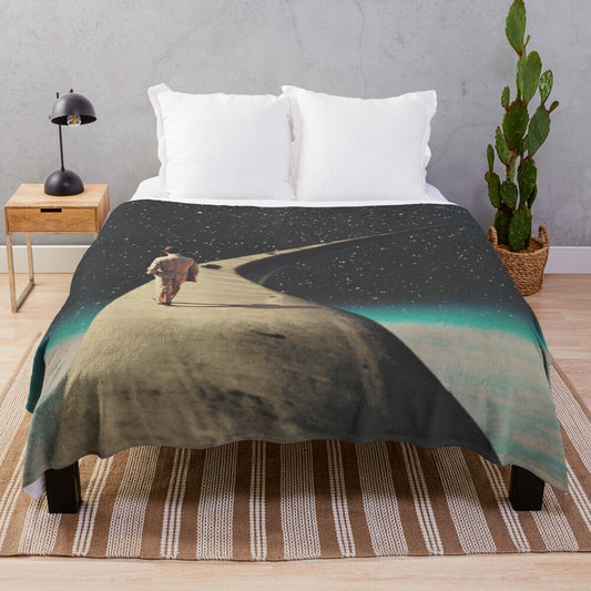 Vintage plush blanket featuring a surreal collage design of a lone wanderer on a cosmic journey