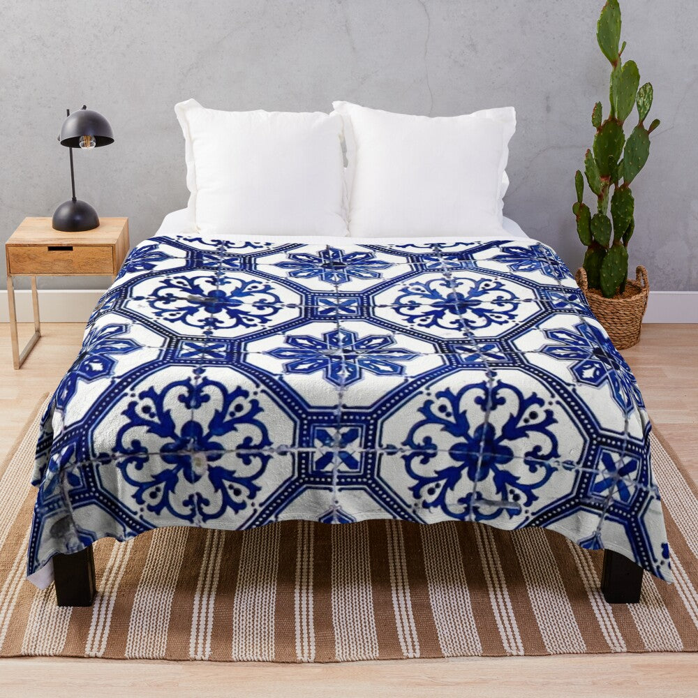 Blue and white Portuguese tile print plush blanket