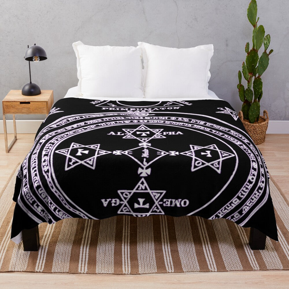 Inverted plush blanket featuring occult symbols and magical seals