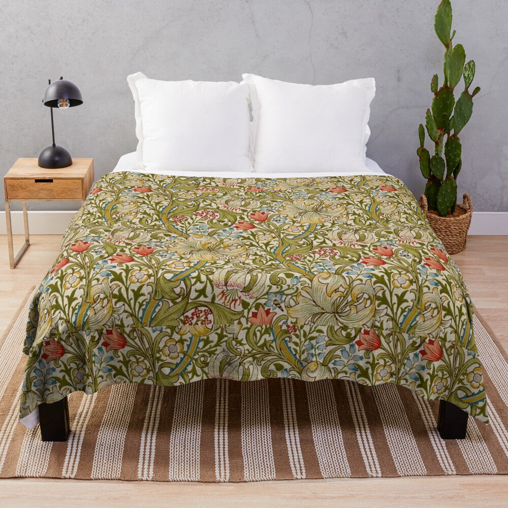 Golden lily floral pattern on a plush blanket