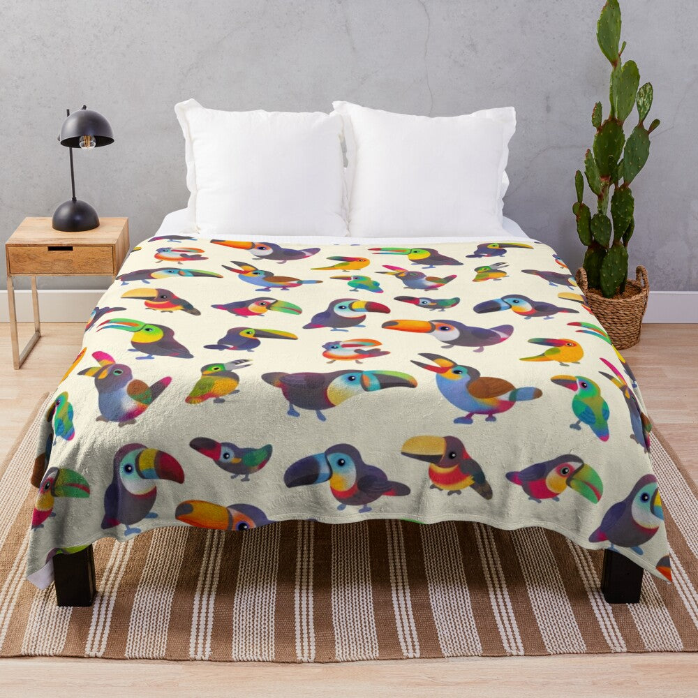 Pastel-colored plush blanket featuring a detailed toucan design