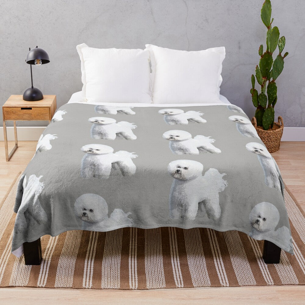 Beautiful illustration of a standing Bichon Frise dog on a plush blanket