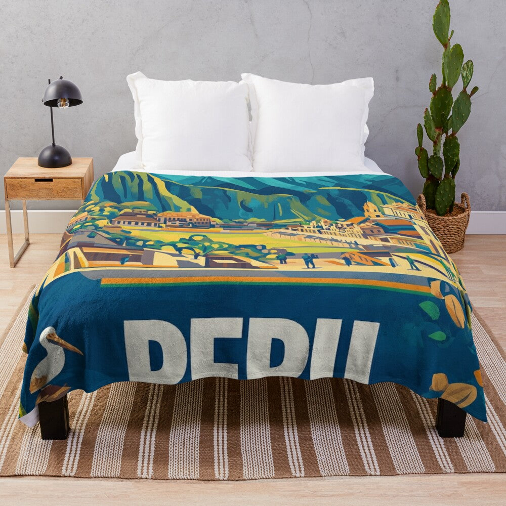 Colorful plush blanket featuring vibrant Peruvian cultural imagery and traditional art