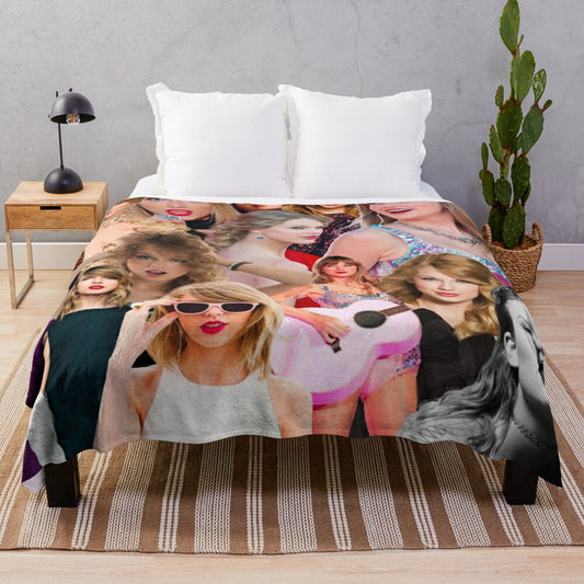 Taylor Swift-inspired plush collage blanket throw with pop culture design