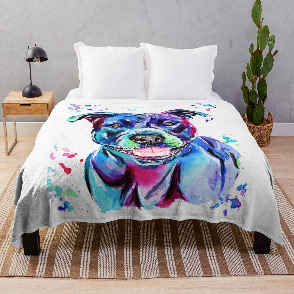 Vibrant watercolor painting of a Staffordshire Terrier dog on a soft, plush blanket