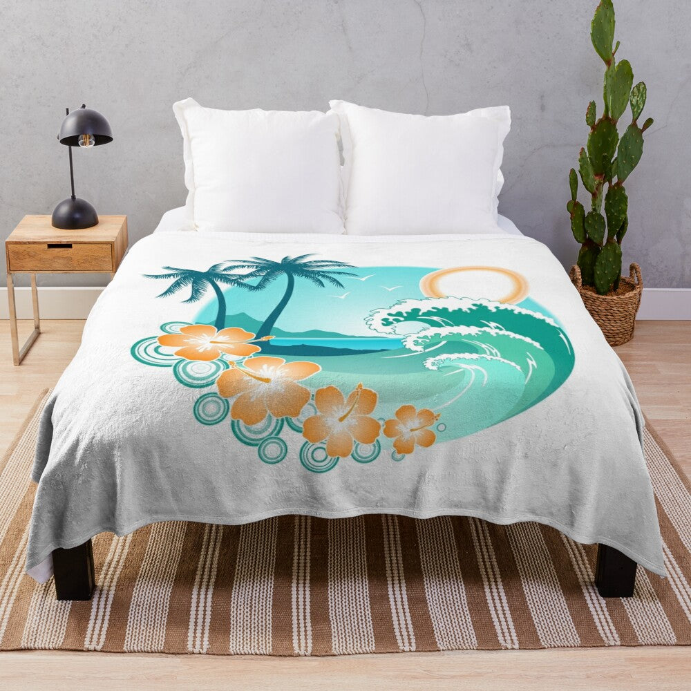 Tropical Hawaiian Island Plush Blanket with Floral and Botanical Designs