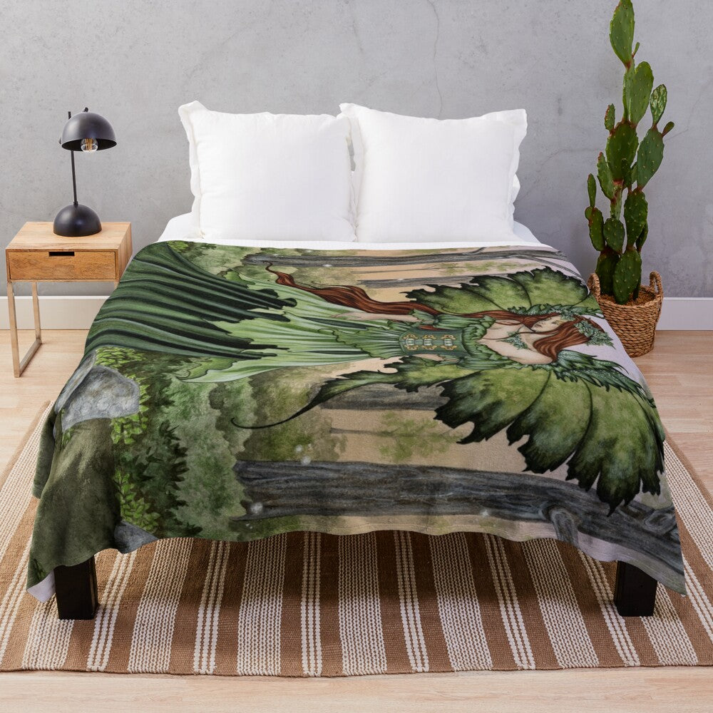 Plush blanket featuring a fantasy forest scene with a fairy maiden