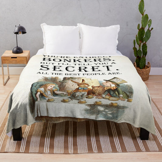 Alice in Wonderland inspired plush blanket with "You're Entirely Bonkers" quote