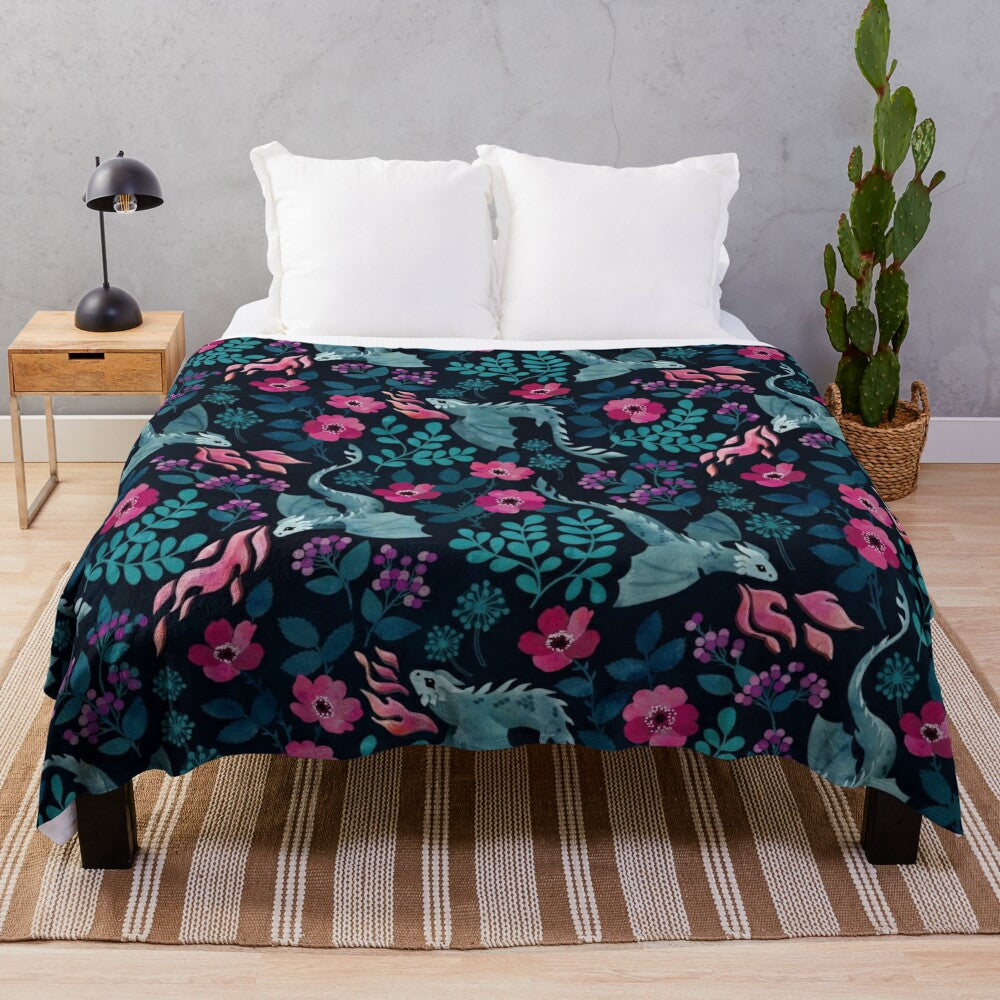 Dragons floral plush blanket in rich jewel tones