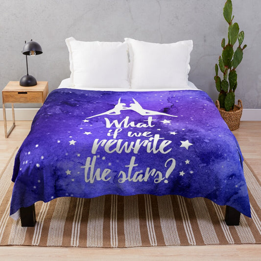 Watercolor galaxy plush blanket with 'Rewrite the Stars' design from The Greatest Showman