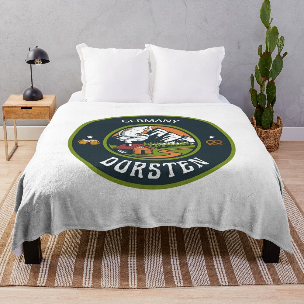 Vintage-style plush blanket with green German emblem design