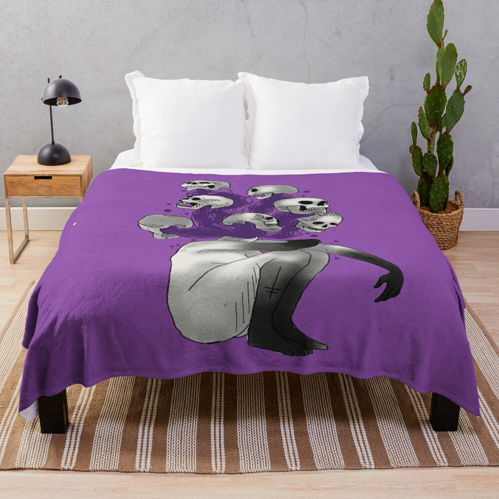 Cozy plush blanket featuring a gothic skeleton art design in violet mist